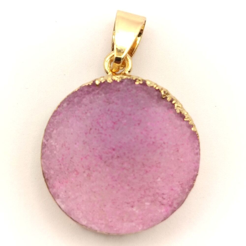 Gold Tone Pink Purple Drusy Agate Slice Pendant Charm Jewelry 22mm